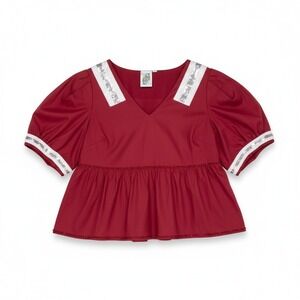 Queen of‎ Sparkles QOS Jersey Peplum Top Puff Sleeve Maroon Sequin Rhinestone M
